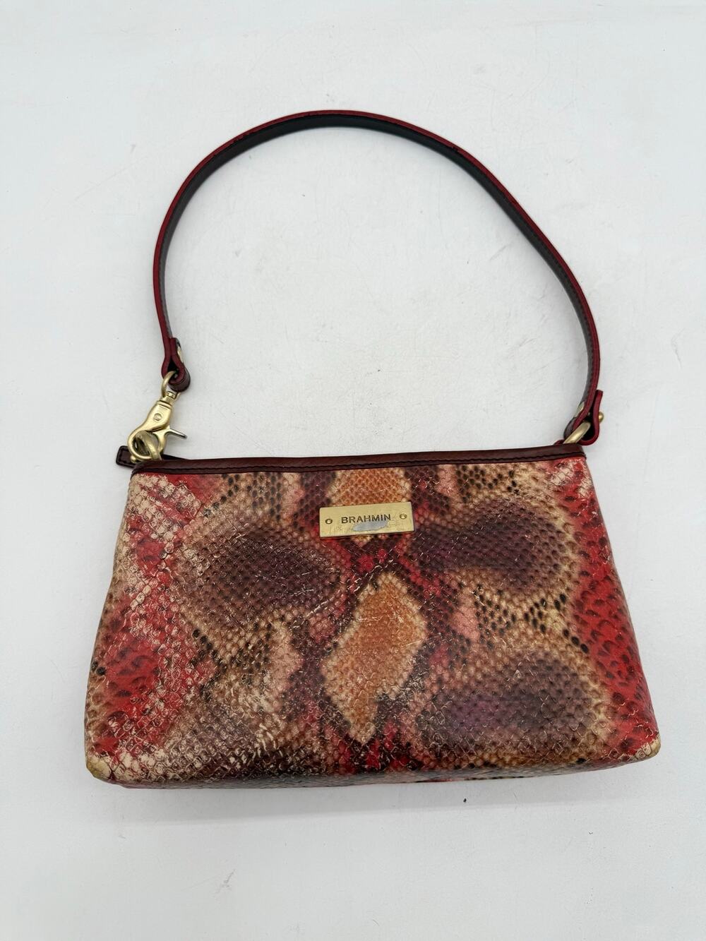 Brahmin Red Multi Snake Embossed Leather Convertible Shoulder Wristlet Bag